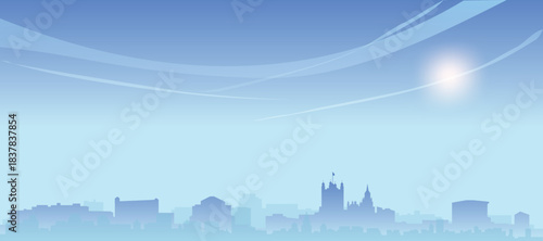 Blue panoramic poster of the city skyline with misty background buildings and clouds of LONDON, ENGLAND