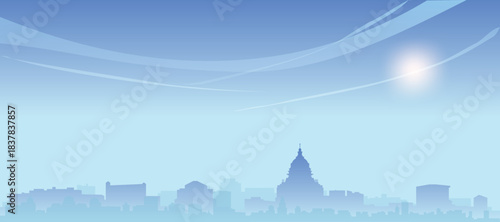 Blue panoramic poster of the city skyline with misty background buildings and clouds of PARIS, FRANCE