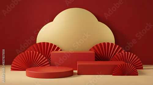 Festive Red Podium Setup: Minimal Gold Cloud Stage Backdrop for Chinese New Year Product Display