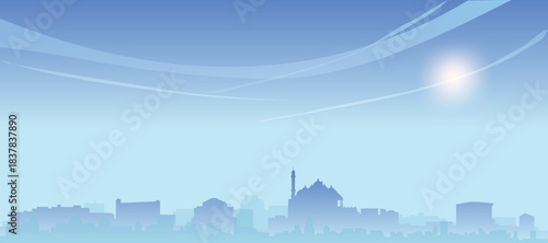 Blue panoramic poster of the city skyline with misty background buildings and clouds of NEW DELHI, INDIA