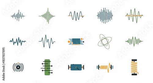 Flat design icons for physics electricity and sound waves.