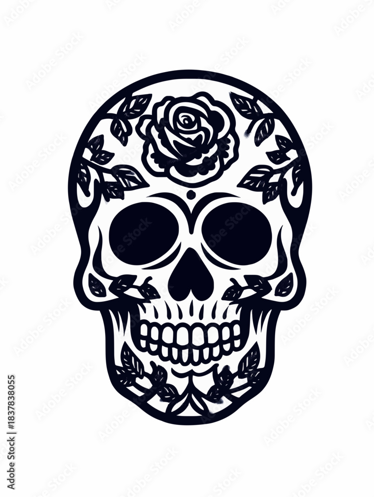Fototapeta premium Decorative sugar skull illustration with rose patterns for Dia de los Muertos. Traditional Mexican holiday vector line art design