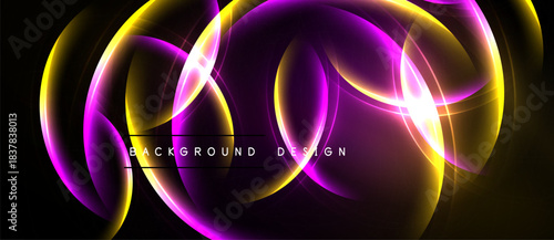 Abstract design features vibrant glowing curves. Purple, gold hues blend against dark backdrop. Modern, dynamic visual element.