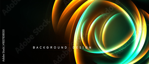 Abstract design features vibrant orange, teal swirls. Dark background emphasizes glowing circular shapes, creating dynamic visual effect.