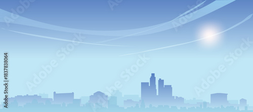 Blue panoramic poster of the city skyline with misty background buildings and clouds of LOS ANGELES, CALIFORNIA