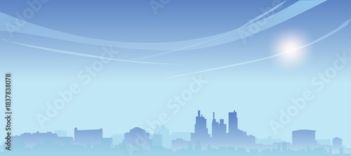 Blue panoramic poster of the city skyline with misty background buildings and clouds of DETROIT, MICHIGAN