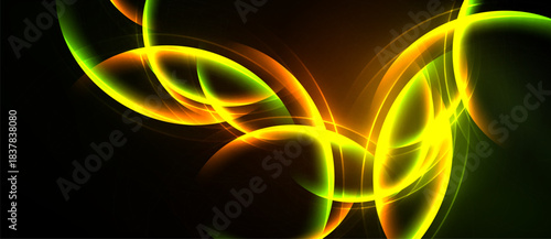 Abstract vibrant swirls, luminous curves, glowing lines. Dark background emphasizes bright colors, creating dynamic visual effect.