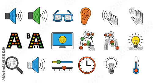 Icons representing senses, accessibility, and health conditions in a colorful design.