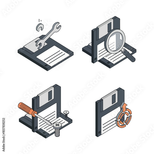 Isometric Floppy Disk Repair and Maintenance Icons.