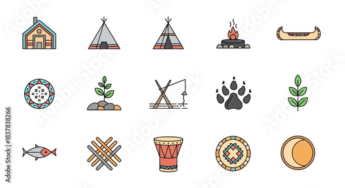 Native American Culture Icons - Traditional Symbols and Elements.
