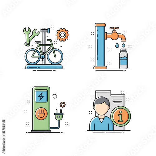 Set of four colorful icons representing various services and information.