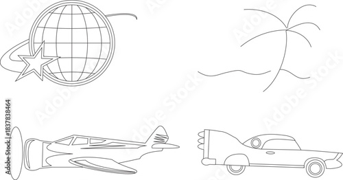 The image features four distinct black-and-white line drawings, each representing a different theme and subject matter, creating a cohesive yet varied visual narrative.