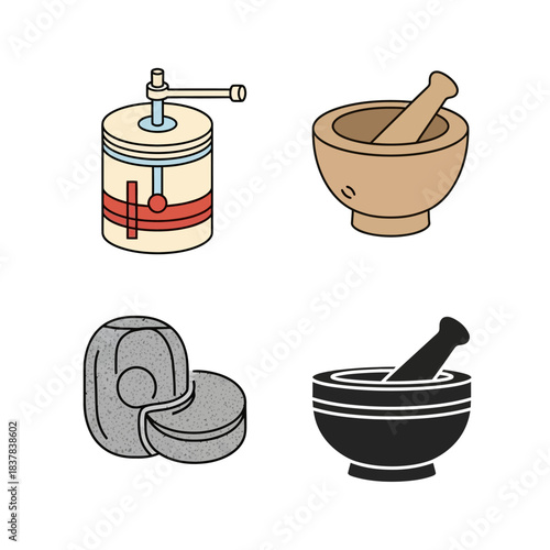 Set of traditional grinding tools icons vector illustration.