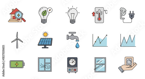Set of Hand Drawn Energy Conservation and Renewable Icons.