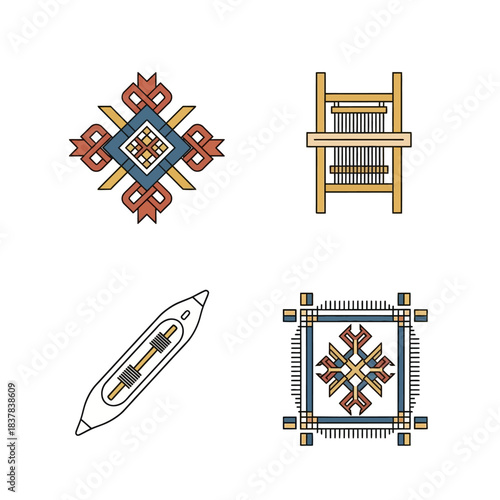 Traditional Weaving Tools and Textile Patterns Collection.
