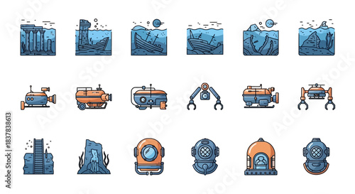 Underwater Exploration and Submarine Technology Icons Set.