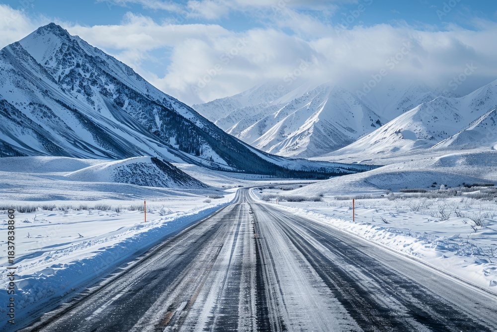 Obraz premium Scenic winter highway winding through snow covered mountains in alaska, showcasing a breathtaking landscape of pristine wilderness
