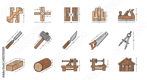 Woodworking Tools and Timber Construction Blueprints Set.
