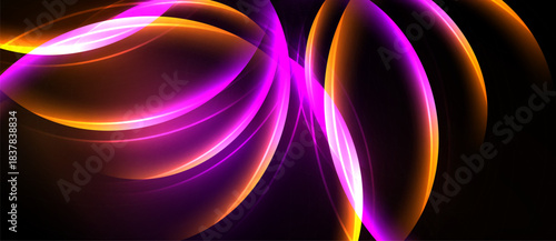 Abstract design features vibrant orange, purple curves against black background. Dynamic shapes create flowing, energetic visual impact.