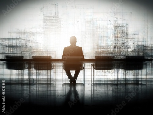 A silhouetted executive seated at a long table before a luminous abstract cityscape, creating a powerful visual of leadership, strategy, and modern corporate vision