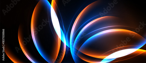 Abstract light streaks form flowing curves. Vivid orange, blue, white illuminate dark background. Dynamic energy radiates from shapes.