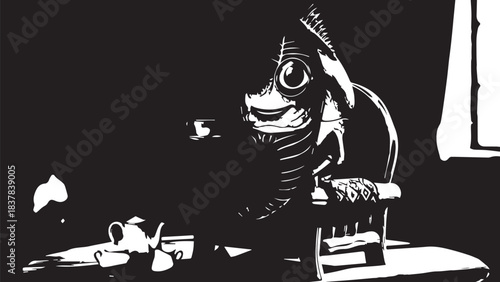 Silhouetted figure wearing a gas mask in a dim laboratory setting with industrial equipment.