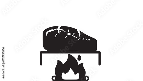 Silhouette of a grill perched over a campfire with rising smoke and glowing flames.