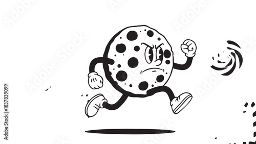 Playful cartoon cookie character running with energetic motion and chocolate chips.