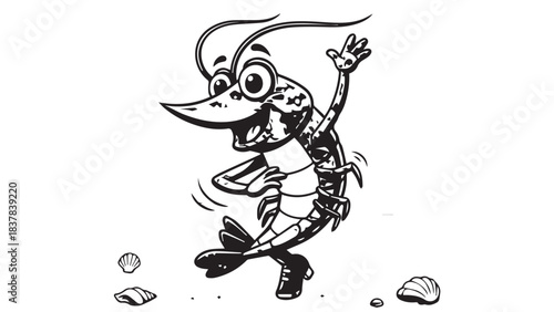 Playful cartoon crocodile character striding confidently across rocky ground.