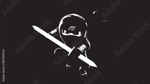 Silhouette of an armored warrior wielding a sword against a dark background.