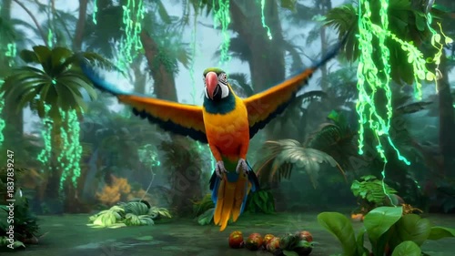 Vibrant Macaw Parrot Soars Through Lush Tropical Rainforest.