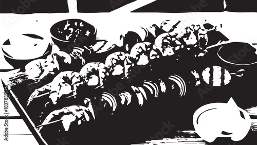 Black and white illustration of skewered meats grilling over an open flame.