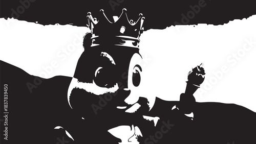Whimsical crowned king mascot illustrated as a bold black and white silhouette.
