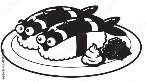 Whimsical cartoon of two black-and-white animals sitting on a plate with a small lemon wedge, playful dining scene.