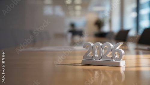 2026 metallic silver numbers placed on a shiny wooden conference table in a modern corporate boardroom, symbolizing business future planning, financial forecasting, and strategy.