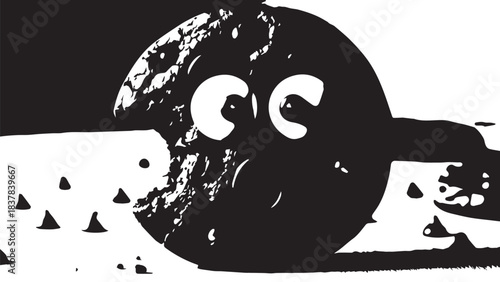 A whimsical cartoon creature peers over a snowy landscape with a round black body and big eyes.