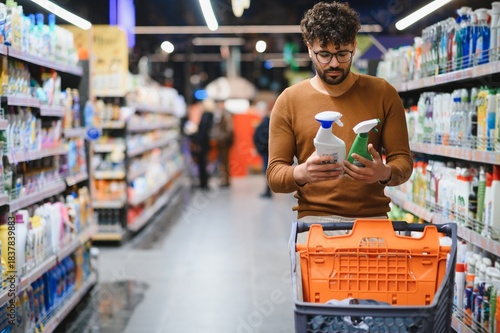 Φωτογραφία Arab man choosing cleaning products in supermarket