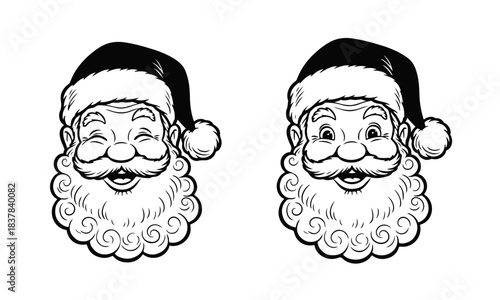 Santa Claus head in cartoon festive style with fluffy beard and classic hat, cheerful holiday character. Santa head, Santa face, Christmas icon, holiday character, festive art