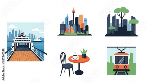 A grid of vector icons displays cityscapes a ferry coffee at a table and a train