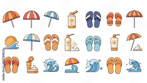 A collection of beachrelated icons umbrellas sunscreen flipflops and waves arranged in a grid
