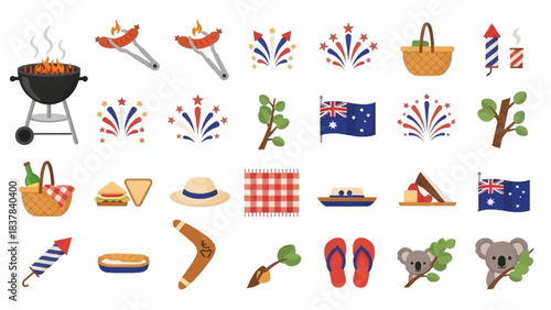 An illustration of Australian symbols including BBQ fireworks flag boomerang koalas picnic plants flipflops