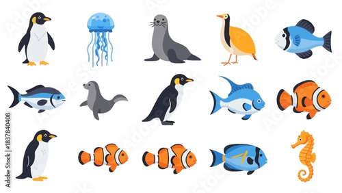 Aquatic  marine animal illustrations various species in a grid layout