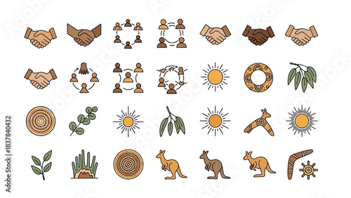 Array of icons handshakes community circles suns kangaroo eucalyptus and boomerangs
