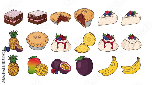Array of colorful sweets and fruits including cakes pies pineapple mango and bananas
