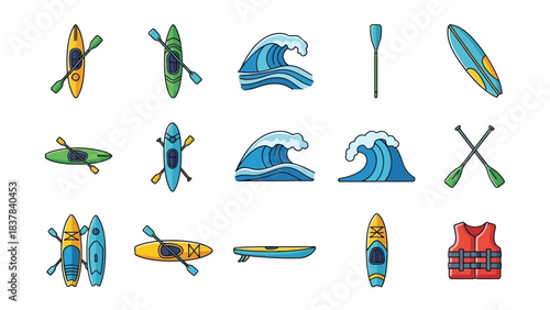 Array of kayaks surfboards paddles waves and a life vest arranged on a white backdrop
