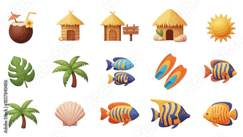 Array of tropicalthemed clip art coconut drink huts marine life flora fins sun shell