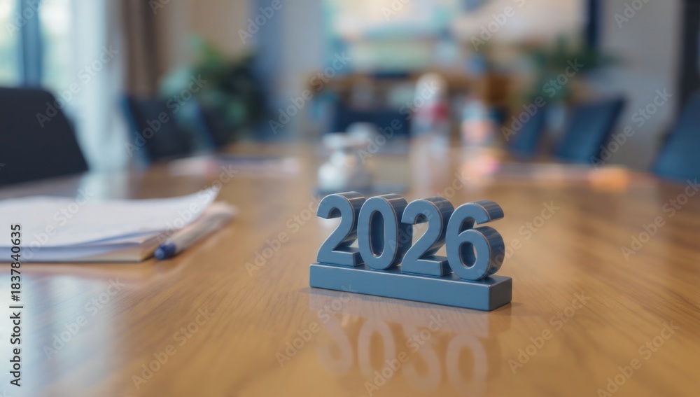 Fototapeta premium Business strategy planning for 2026, featuring the blue 3D year number on a reflective conference table in a modern, blurred boardroom setting.