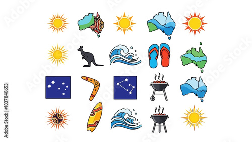 Australian icons collage suns maps kangaroo waves sandals constellations BBQ boomerang surfboard