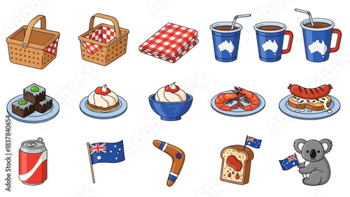 Australian picnic icons baskets blanket drinks treats flag boomerang bread Koala