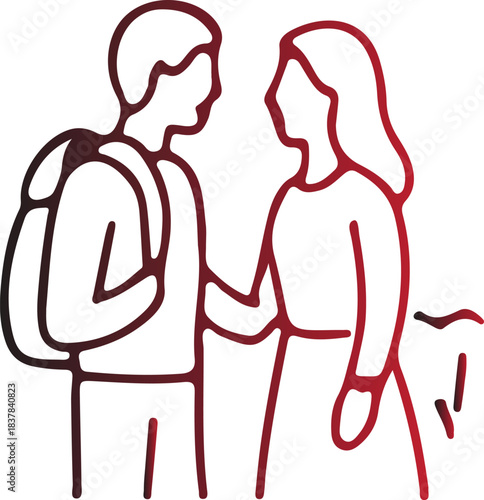 A couple standing together, possibly on a journey or adventure, with one person carrying a backpack, suggesting travel, exploration, or a shared experience as they interact closely